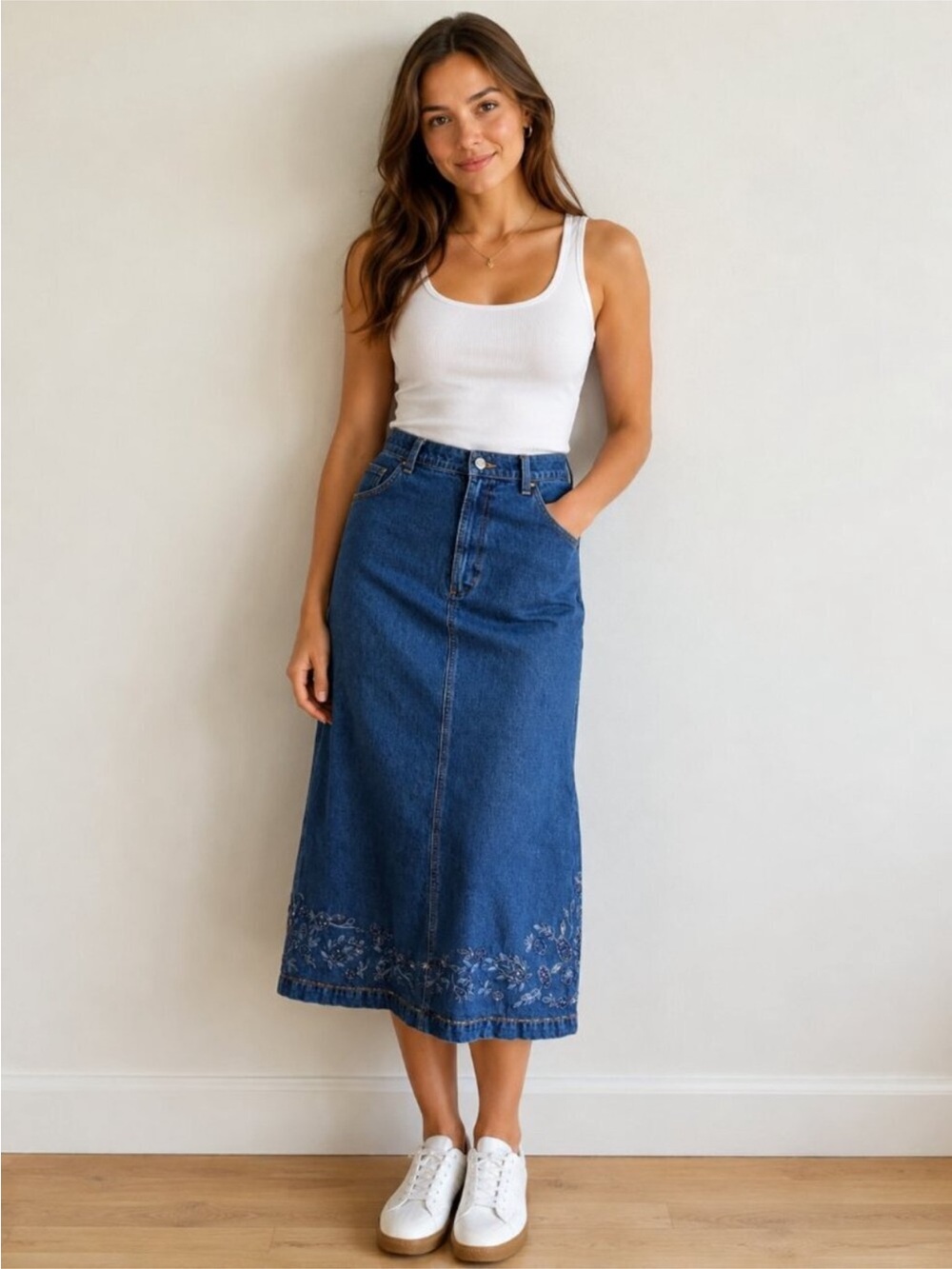 Chico's Blue Denim Midi Skirt with Embroidered Hem